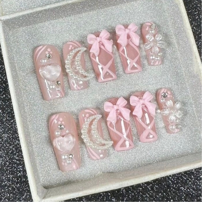S|Square Pink Princess Ribbon Moon Bows