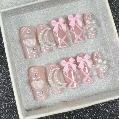 S｜Square Pink Princess Ribbon Moon Bows