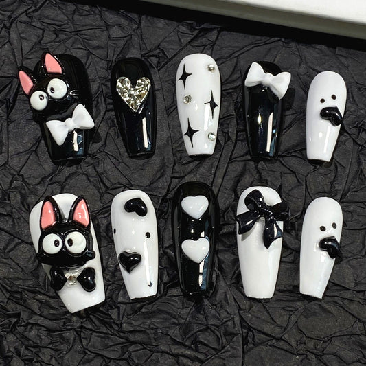 Black White Kiki Cat Nails