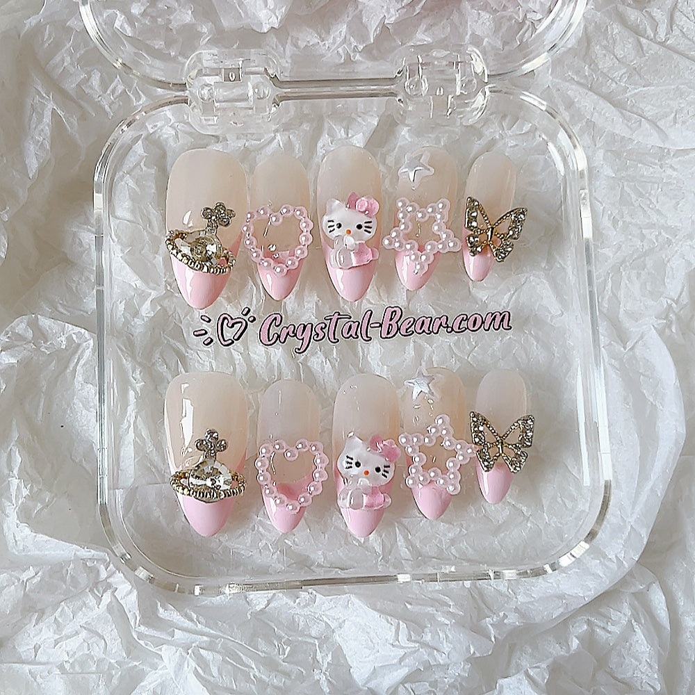 S | Almond Pink French Tip HelloKitty