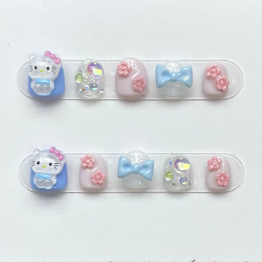 Blue HelloKitty Handmade Kids Press-On Nails