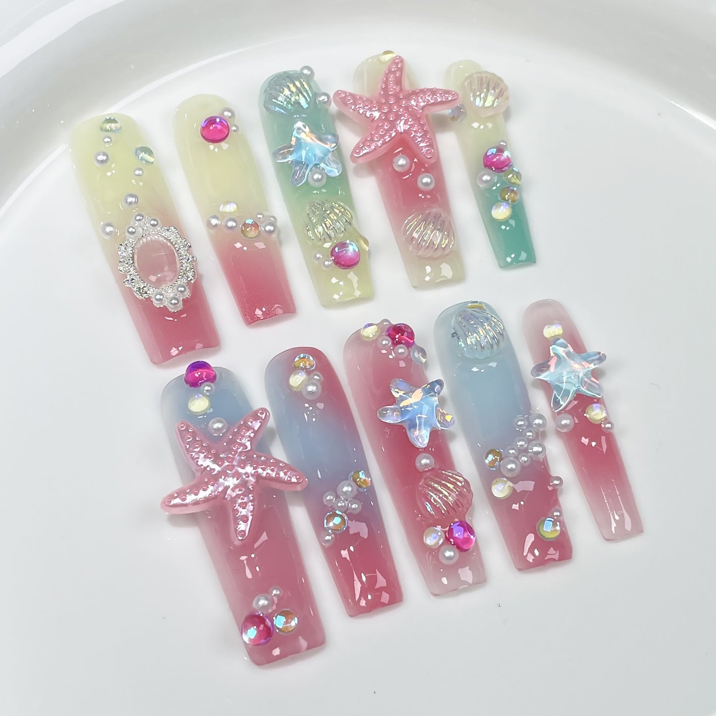 Colorful Starfish Coffin Nails