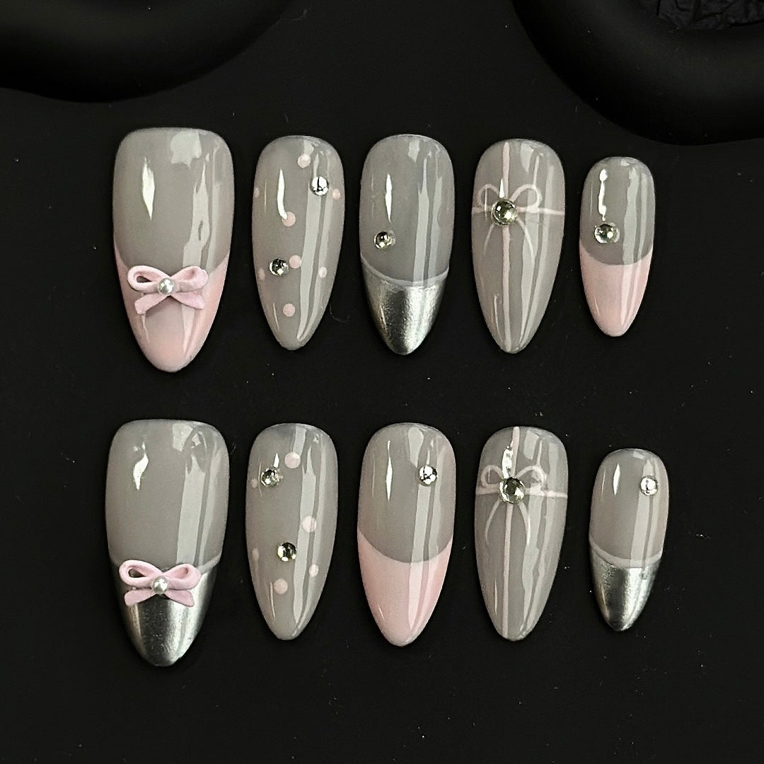 Pink Silver French Tip Bows