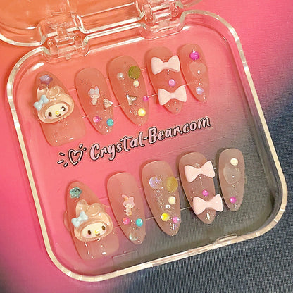 Pink almond short My Melody nails Theme: My Melody
Shape: Short Almond
Base Colors: Light Pink
Embellishments: My Melody charms, Bows, Colorful beads
Style: Cute, playful, and fun
Quality: High-quality, handmade craftsmanship