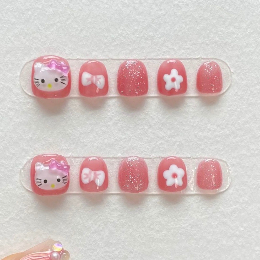 Pink HelloKitty Handmade Kids Press-On Nails