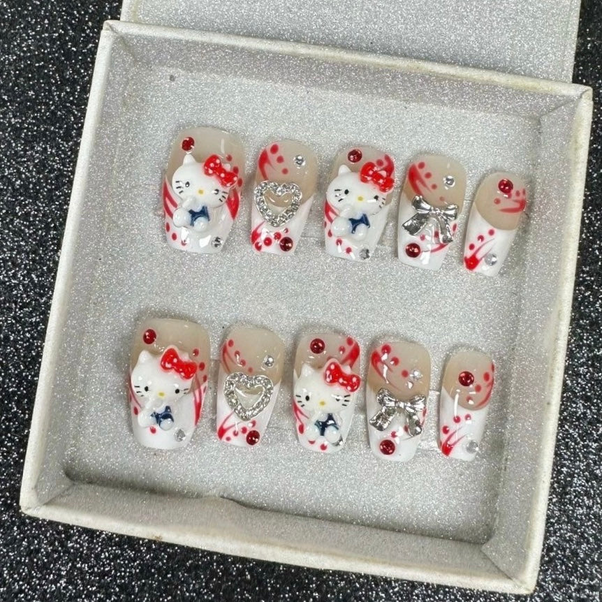 Hand-Painted Red Bows Hellokitty Presson Nails