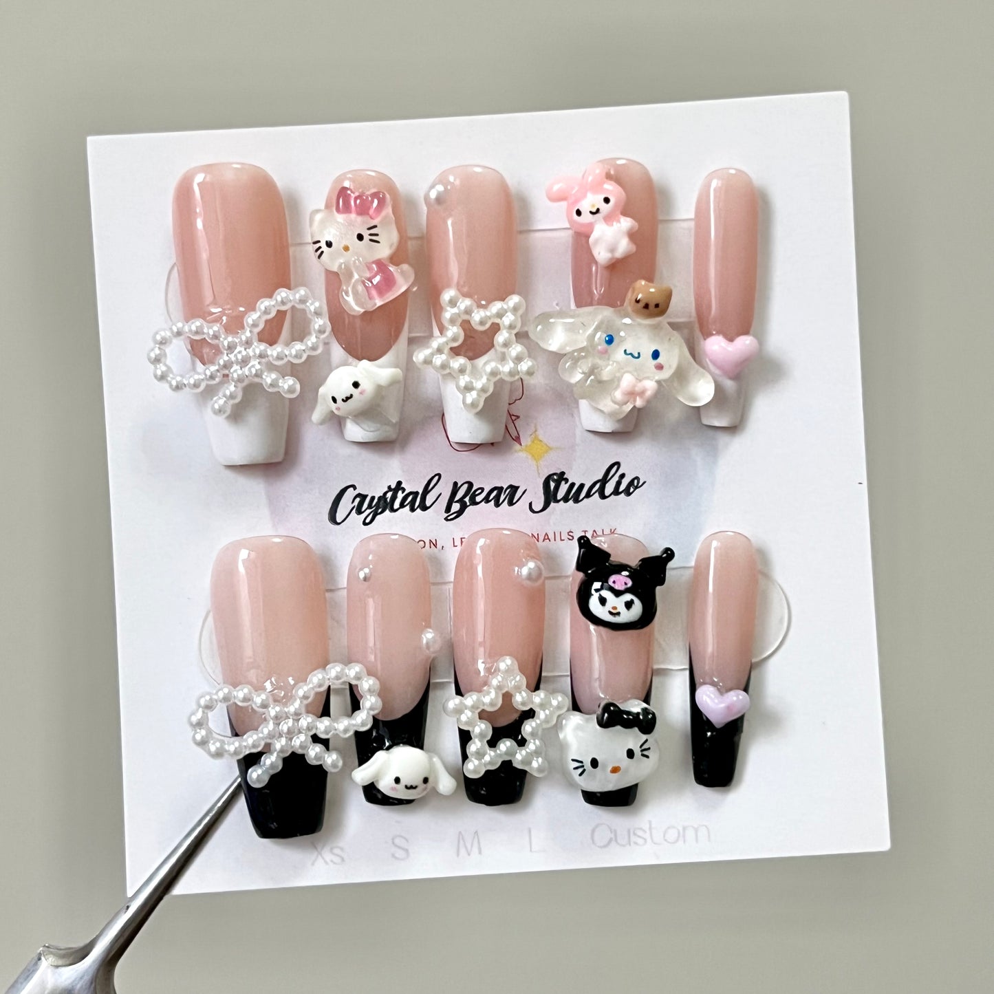 Long Square Black and White French Tip Sanrio Nails - Featuring Kuromi, Hello Kitty, Cinnamoroll, My Melody with Bows, Hearts, and Stars | Y2K Nail Art Collection
