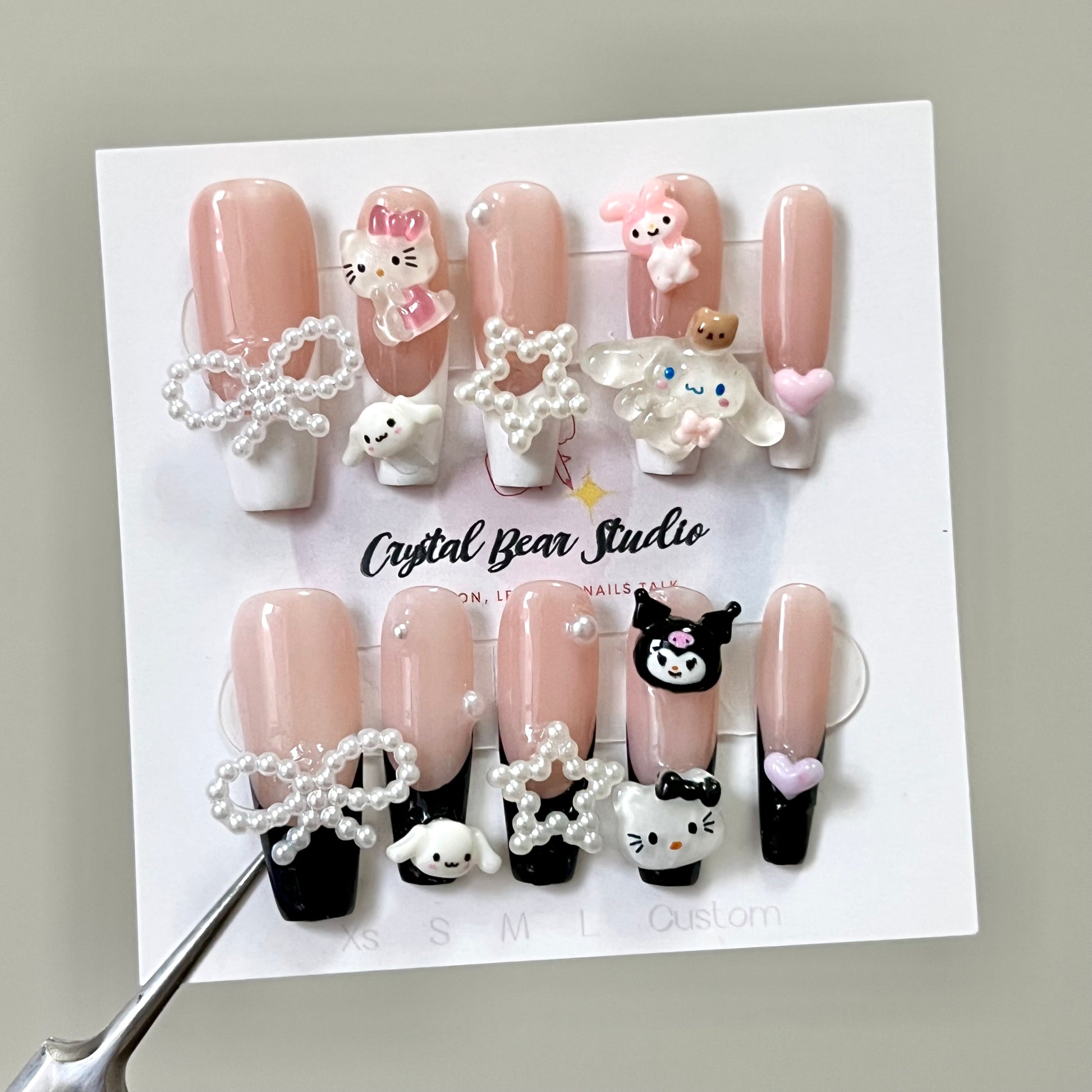 Long Square Black and White French Tip Sanrio Nails - Featuring Kuromi, Hello Kitty, Cinnamoroll, My Melody with Bows, Hearts, and Stars | Y2K Nail Art Collection