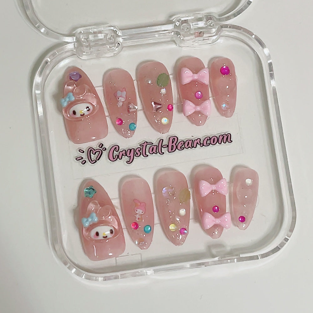 our Pink Almond Short My Melody Press-On Nails, specially designed for kids and girls! Each set is handmade with love, featuring an adorable light pink nail base that perfectly captures My Melody's charm.