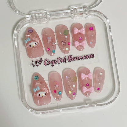 our Pink Almond Short My Melody Press-On Nails, specially designed for kids and girls! Each set is handmade with love, featuring an adorable light pink nail base that perfectly captures My Melody's charm.
