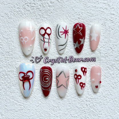 Red Merry Christmas Bow Stars  Press on nail