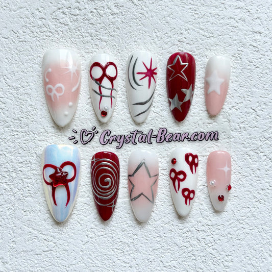 Red Merry Christmas Bow Stars  Press on nail