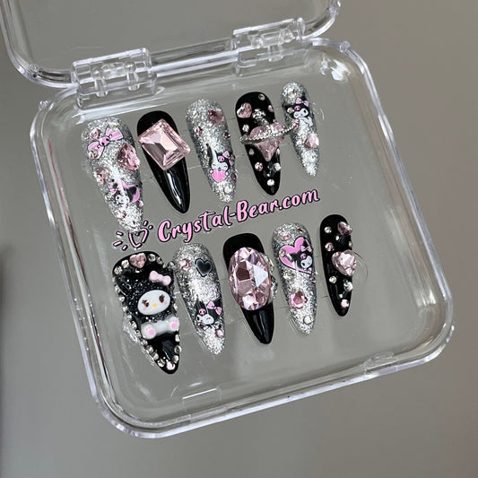 Step up your nail game with our Unique High-Quality Handmade Kuromi Press-On Nails! Featuring a striking long stiletto shape with a stunning black and silver base, these nails are designed to make a bold statement. Each set is expertly crafted by hand, ensuring top-notch quality and a whimsical touch that embodies the fun spirit of Kuromi.